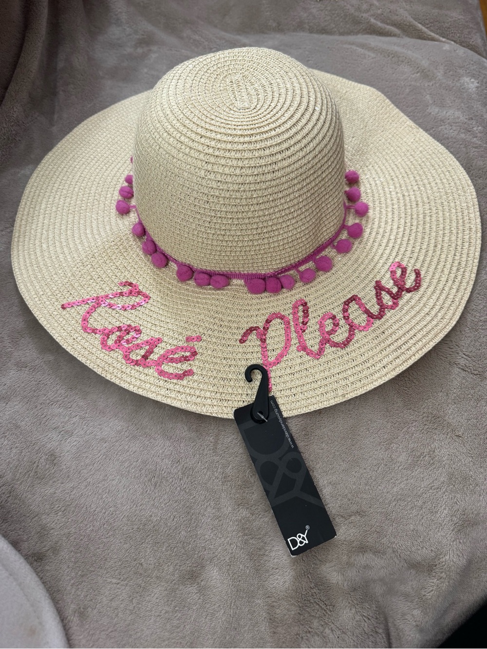 Wide Brim Straw Sun Hat with Pink Pom Trim - "Rose Please"